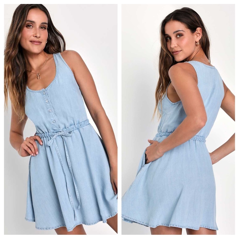 Lulus Charming Presence Light Blue Chambray Mini Dress With Pockets